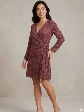 Michael Kors Petite P/XL Gold O Ring Wrap Dress Long Sleeve Pink White Black
